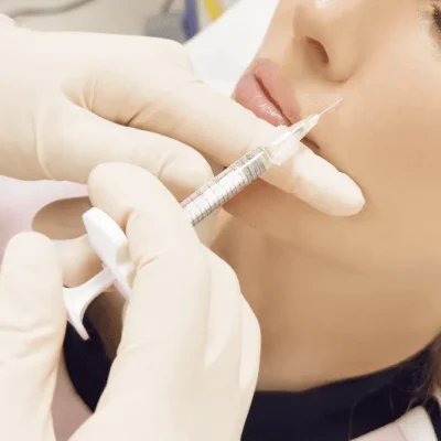 Extreme close-up of targeted Exosome therapy injection near the perioral lines, supporting cellular skin rejuvenation.